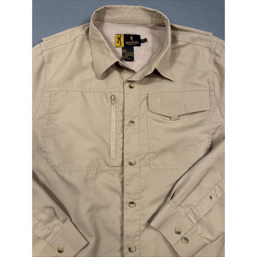 BROWNING OUTDOOR Shirt Vented FISHING Long Sleeve Button Down Brown Mens Large